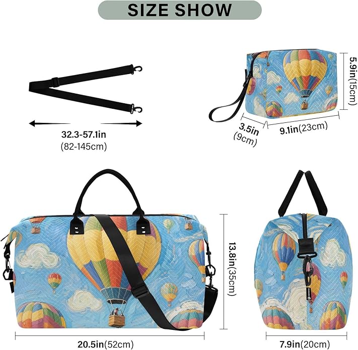 Art Painting Blue Hot Air Balloon Decorative Weekend Bag Sports Gym Bag with Adjustable Strap for Yoga Waterproof bolso de para Hombre