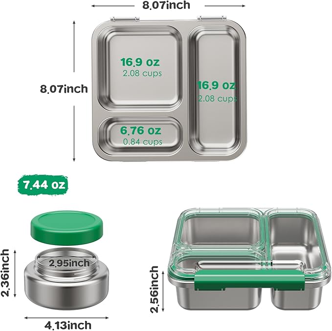Stainless Steel Bento Box Kids Adult with 7oz Insulated Food Jar, Transparent Lid Metal Lunch Box With Soup Thermal Jar, Lunch Box Container with Removable Divider & Sauce Cup School (Green)