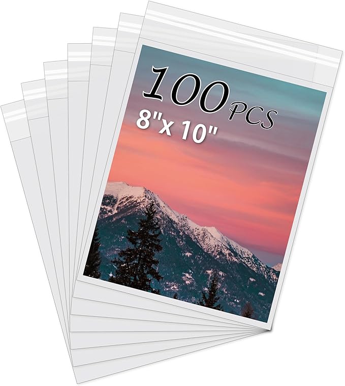 Acid-Free Picture Sleeves, 100Pack Crystal Clear Storage Bags for 8x10 Art Prints, Pictures, Photos, Frame Mats (Bag Size: 8 1/2" x 10 3/8")