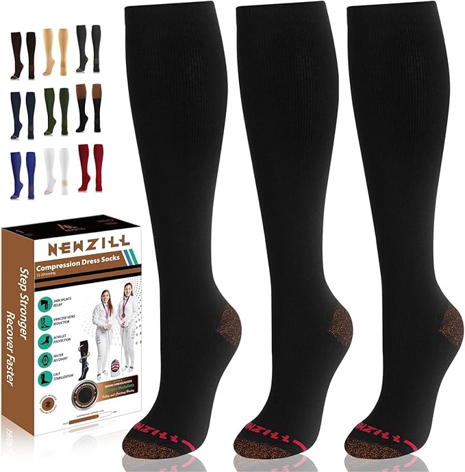 NEWZILL Copper Compression Socks for Women & Men 15-20mmHg Cotton Rich Odor Control Dress Socks for Business Casual Running Medical Athletic Support, Edema Diabetic Relief