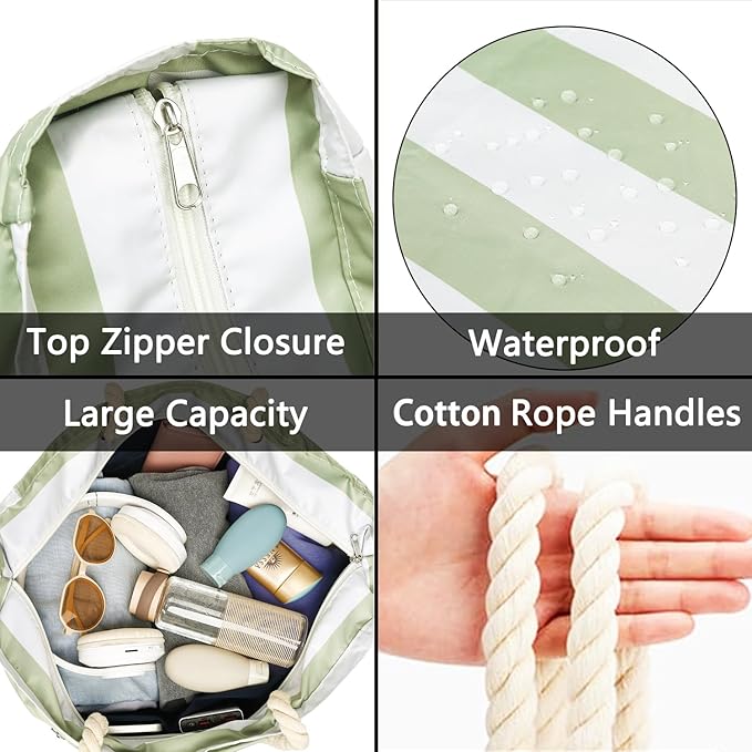 Large Canvas Beach Bag for Women, Beach Bags Waterproof Sandproof with Zipper & Wet Bag Cruise Essentials