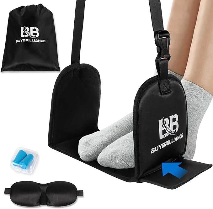 Foot Hammock for Plane Travel – Adjustable Airplane Leg Rest with Memory Foam Footrest, Eye Mask & Earplugs, Inflight Relief for Swollen Feet & Back Discomfort, Portable Travel Foot Rest
