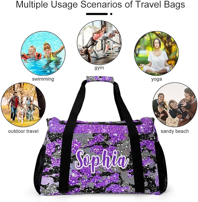 Purple Camo Bling Glitter Print Tote Bag, Customized Duffel Bags Weekender Overnight Bag Travel Bag Personalized Gift Gym Bags Luggage Bag