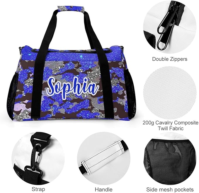 Personalized Sports Bag Name Duffel Bags with Adjustable Shoulder Strap Blue Navy Camouflage Bling Print Travel Bags Perform Training Weekender Bag