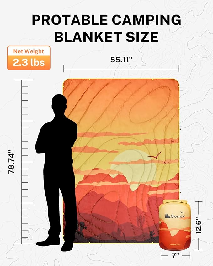 Gonex Camping Blanket with Aero-Warmth Tech Layer, Puffy Printed Packable Blanket Ultralight & Warm Wearable Water-Resistant Quilt for Outdoor, Camping, Hiking, Travel, Picnics 79" X 55"(Desert)