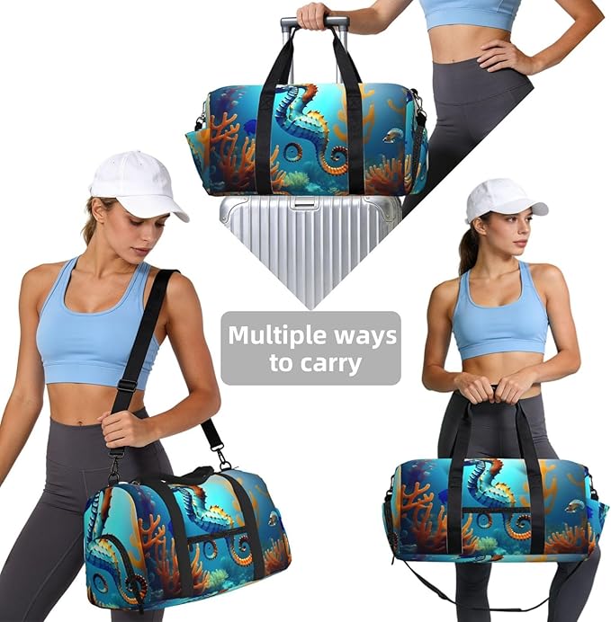 Seabed coral seahorse Print Gym Bag with Shoe Compartment for Women Men, 17.7in Sports Duffle Weekender Tote, Overnight Travel Duffel Bag Carry On
