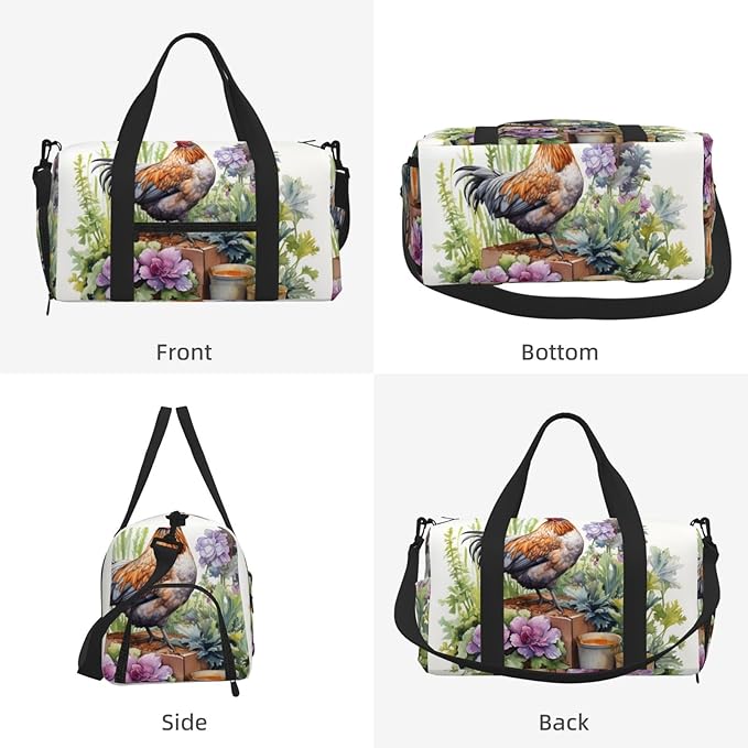 Sports Gym Bag Watercolor Hen Chicks Floral Travel Duffel Bag With Shoe Compartment Shoulder Strap, Lightweight Water-Resistant Weekend Overnight Totes For Women Men
