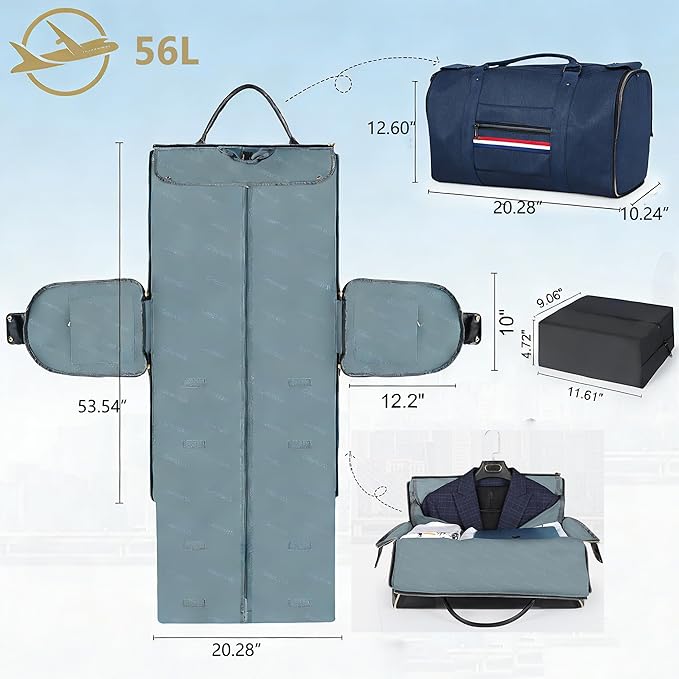Geestock Garment Bags for Travel, Convertible Garment Bag Carry On with Shoe Pouch & Luggage Sleeve, Large Travel Duffel Bags Oxford 2 in 1 Hanging Suitcase Suit Travel Bag for Men, Blue