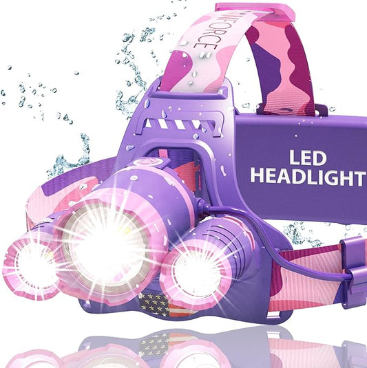 DanForce Headlamp, Ultra Bright Rechargeable LED Headlamp,LUMINUS 1080 Lumens,Zoomable Head Lamp Flashlight. Headlight USB Rechargeable, IPX45 HeadLamps for Camping, Outdoors,Red Light Include (Pink)