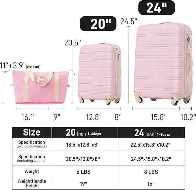 Merax Luggage Sets 2 Piece Expandable Hardside Luggage with Travel Bag Suitcase Set with Spinner Wheels(20+24+bag,Light Pink-1)