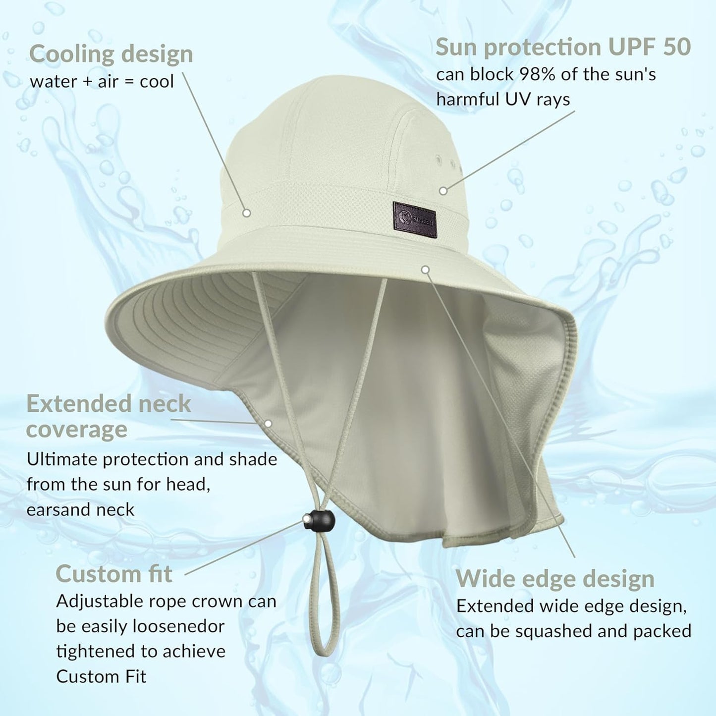 Sukeen Cooling Sun Hat for Men Women UPF50+ Wide Brim Fishing Hat with Neck Flap Adjustable Foldable Bucket Hat for Hiking