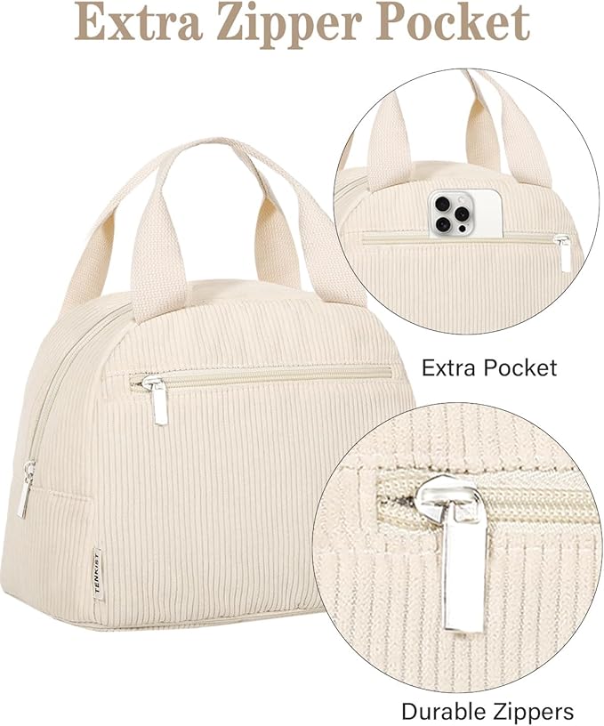 Cute Lunch Box Tote Bag - Corduroy Insulated Cooler Bags for Women - Lightweight Reusable Portable Soft Lunch Pail Kit for Kids Teen Girl Adults Work School Picnic Travel White 12L
