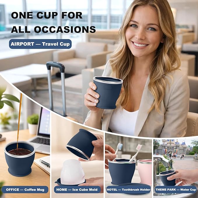 Collapsible Travel Cup, BPA-Free Reusable Water Cup, Lightweight Drinking Cups with Lids and Carrying Strap, Dishwasher Safe Silicone Cups for Camping, Travel, Airports, Hotel (6.7oz, Navy)