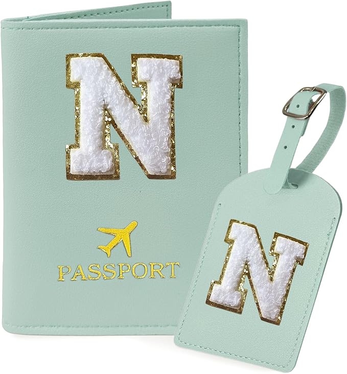 COSHAYSOO Green Passport Cover and Luggage Tag Set TSA Approved with Her Initial Chenille Letter Patch, Trending Traveling Bag Backpack Suitcase Identifier Birthday Gifts for Women Girls (N)