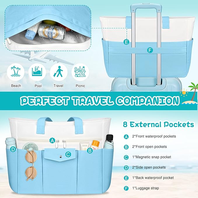Beach Bags for Women Large Canvas Beach Tote with Zipper Wet Pocket, Waterproof Foldable Swim Pool Travel Tote Bags