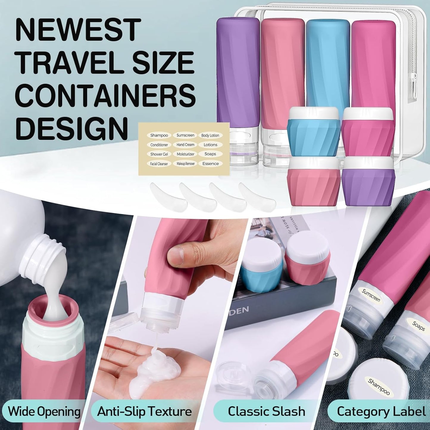 14pack Travel Bottles for Toiletries, TSA Approved Travel Size Toiletries Containers Set, Premium Silicone Leak Proof Refillable Bottles & Creams Jars Accessories Kit W/Clear Bag (Vibrant)