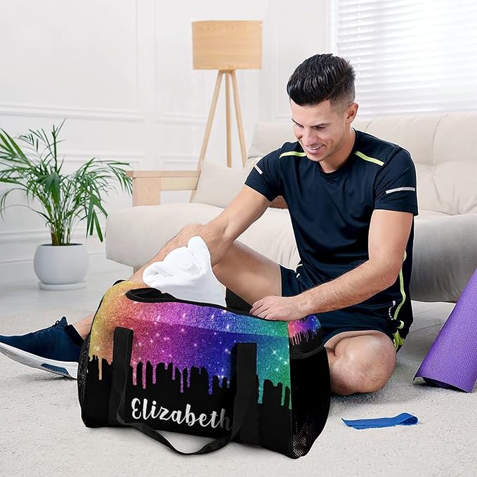 Personalized Sports Duffle Bags for Training, Colorful Bling Sequin Print Travel Bags with Adjustable Shoulder Strap, Custom Name Birthday Holiday Gift