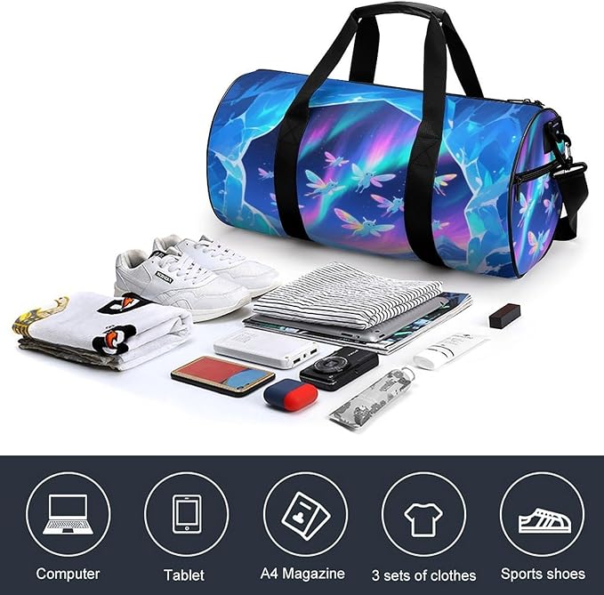 Sports Gym Bag for Women Men Travel Duffel Bag Tote Weekender Bag Aurora Elf Carry on Overnight Bag for Travel Swimming Fitness Workout Sports Duffle Bag