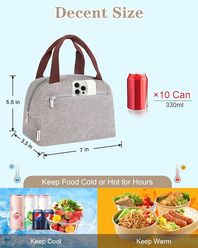 Cute Lunch Box Tote Bag - CoolerCorduroy Insulated Bags for Women - Lightweight Reusable Portable Soft Lunch Pail Kit for Kids Teen Girl Adults Work School Picnic Travel Grey 8L