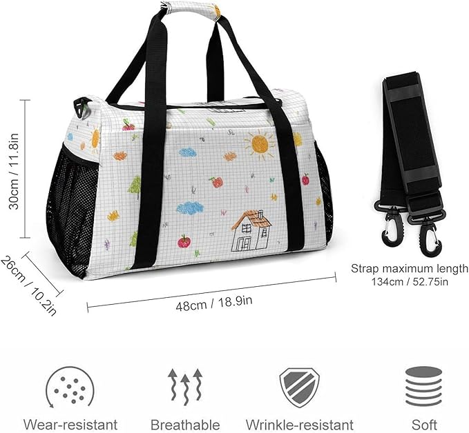 Cute Drawing Grid Paper Duffle Bag Gym Bag for Workout Travel Tote with Detachable Straps