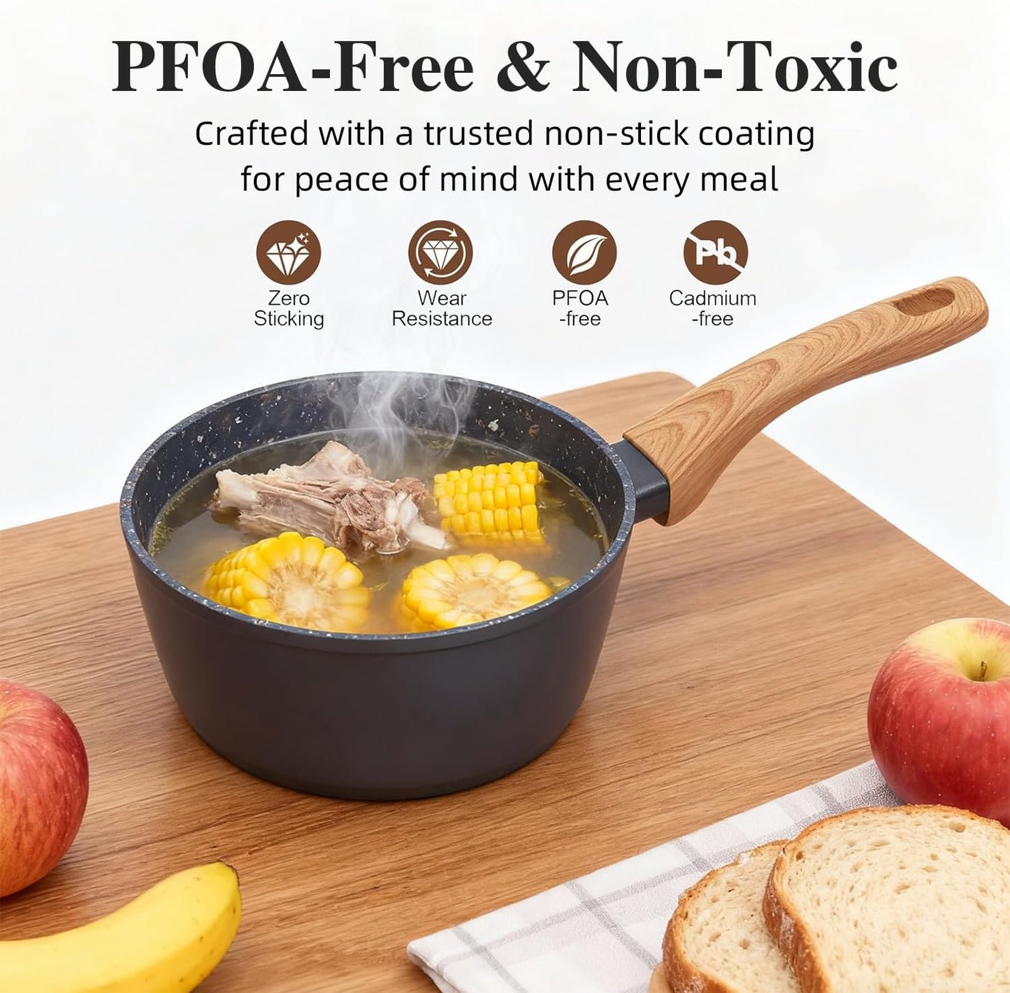 Nonstick Cookware Set, 2-Piece Non-Toxic Coated 8.5 Inch Frying Pan & Saucepan with Lid, PFOA Free Dishwasher Safe, Induction Compatible, Beginner Kitchen Pots and Pans Set, Black