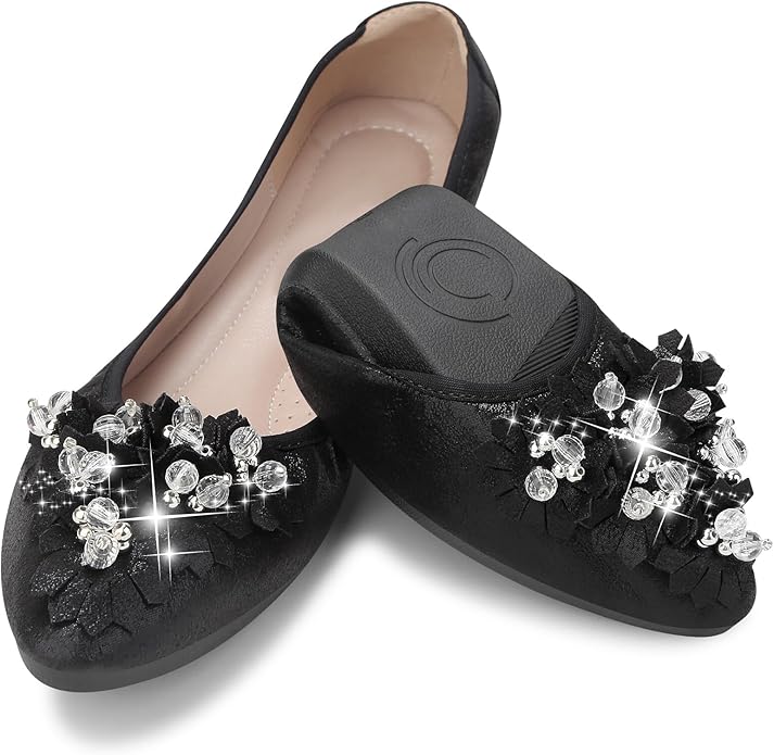 KUNWFNIX Women Ballet Flats Rhinestone Wedding Ballerina Shoes Foldable Sparkly Comfort Slip on Flat Shoes