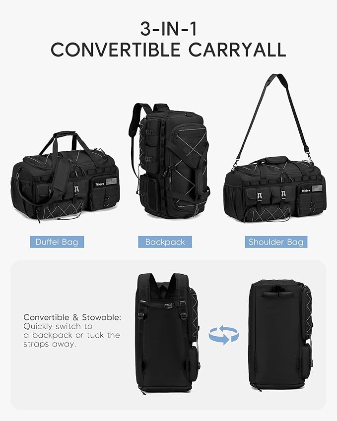 Tactical Gym Bag for Men Women, Carry On Luggage 22x14x9 Airline Approved 3 in 1 Travel Duffle Bag with Shoe Compartment for Weekender Overnight Range Workout