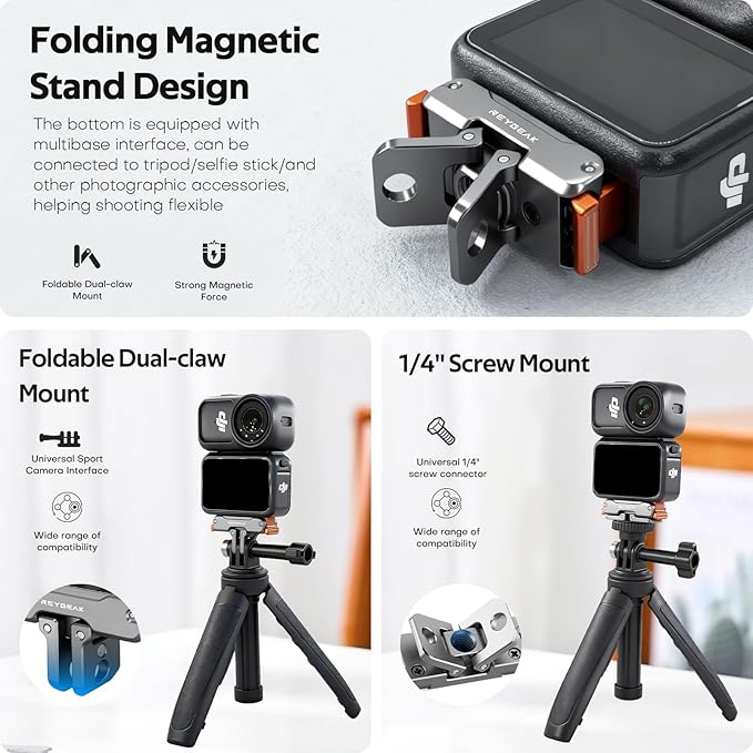 REYGEAK Quick Release Mount for DJI Action 6/Osmo Nano,Magnetic Adapter Base Mount with Dual-Direction Magnet,with 1/4 Screw Hole,Folding Dual-Claws for DJI Osmo Action Camera Accessories