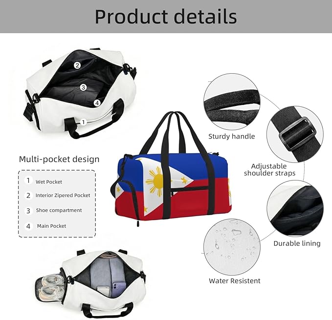 Philippine flag Print Gym Bag with Shoe Compartment for Women Men, 17.7in Sports Duffle Weekender Tote, Overnight Travel Duffel Bag Carry On