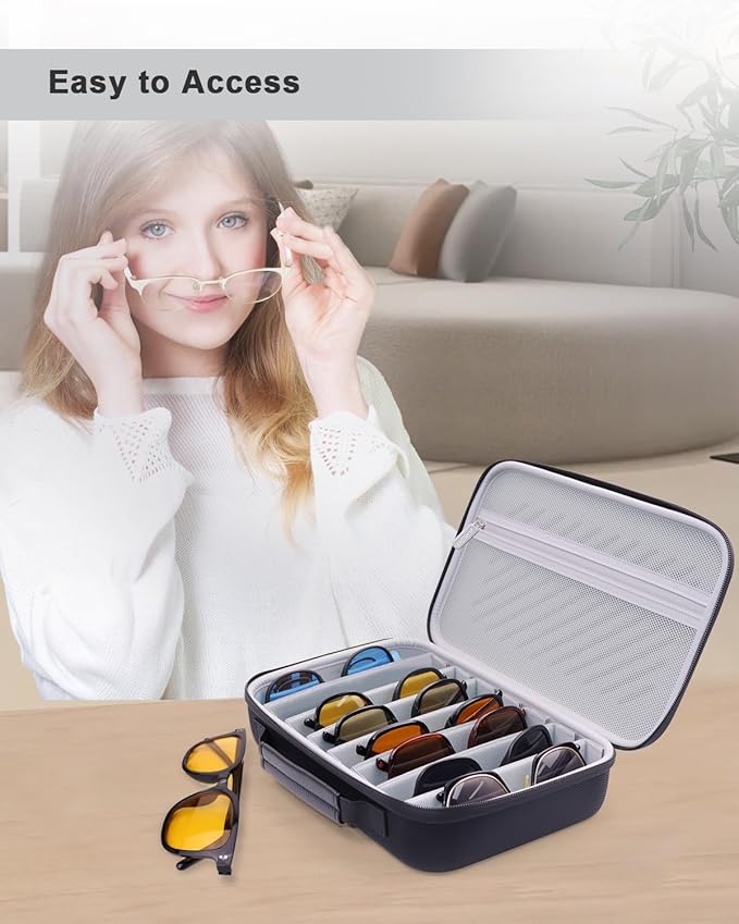 Krypthos Travel Sunglasses Organizer Case, Portable Eyeglasses Storage Box, Adjustable Multi-Compartments & Crushproof Design, Holds Up to 8 Pairs, Eyewear Display Case for Men Women
