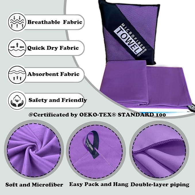 Reusable Quick Dry Beach Towels,Microfiber Travel Towel,Compressed Lightweight Bath Towel for Beach Hiking Gym Yoga Travel Sports Swimming Camping(Violet Purple, 12"*24")
