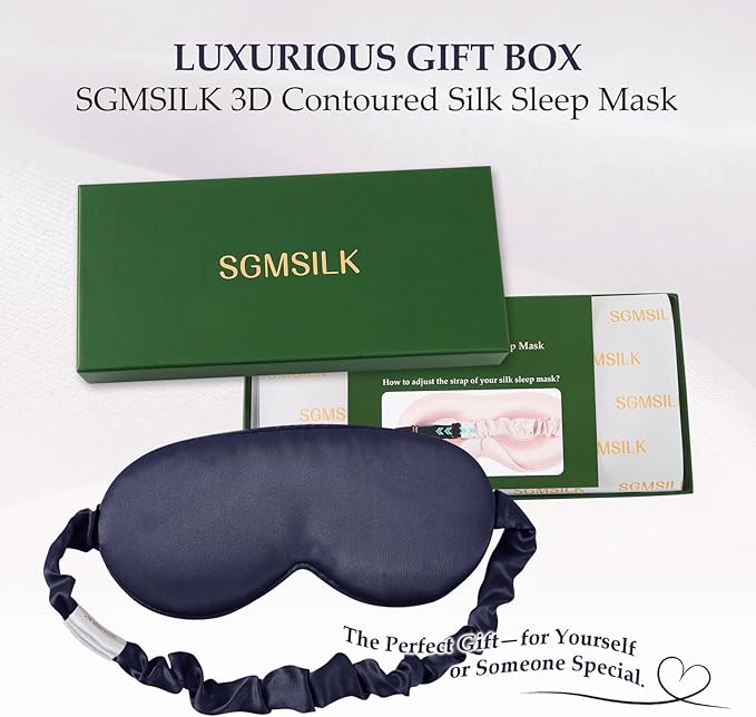 100% Mulberry Silk Sleep Mask for Unisex, 22 Momme 3D Silk Contoured Eye Mask, Breathable Light Blocking Blindfold with Adjustable Strap, Blackout Eye Cover for Travel, Blue