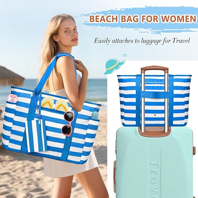 Extra Large Beach Bags for Women, Waterproof Sandproof Beach Tote Bag Foldable Swim Pool Bag with Zipper and Wet Pocket