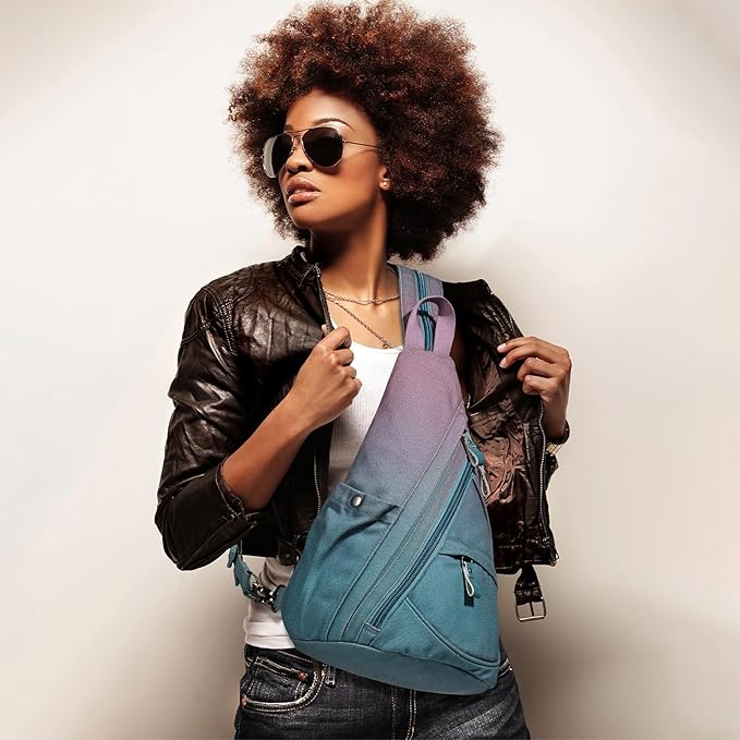 KL928 Canvas Sling Bag - Small Crossbody Backpack Shoulder Casual Daypack Rucksack for Men Women(Large Version, Violet+GrayishBlue)