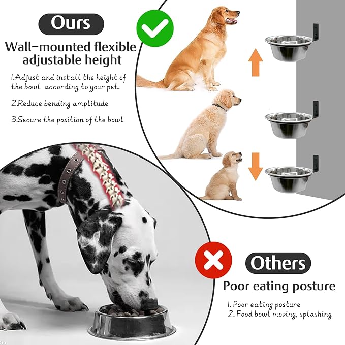 Hamiledyi 2 Pack Wall Mounted Elevated Dog Bowls - Adjustable Height Stainless Steel Raised Food & Water Bowls with Collapsible Stand for Medium & Large Dogs & Cats (M)