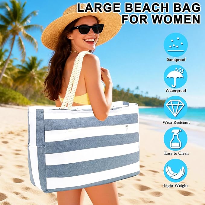 Large Canvas Beach Bag for Women, Beach Bags Waterproof Sandproof with Zipper & Wet Bag Cruise Essentials