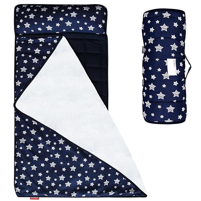 Moonsea Toddler Nap Mat with Pillow and Fleece Minky Blanket Navy, Lightweight and Soft Perfect for Toddlers Preschool, Daycare, Travel Sleeping Bag for Girls, 21" x 50" Fit on a Standard Cot