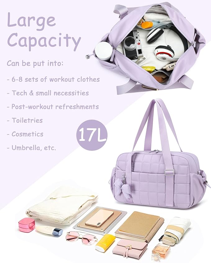 CAMTOP Mini Gym Bag for Women, Small Gym Tote Bag Puffy Quilted Sports Duffel Bag with Wet Compartment and Coin Purse Duffel Bags Dance Yoga Workout Bag for Gifts (Purple, Medium-16")