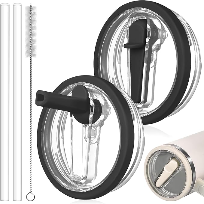 2 Pack Leak Proof Lid for 30oz Stanley H2.0 Quencher,No Spill Flip Straw Lid Replacement for Stanley Cup Accessories 30 oz Tumbler Lid Replacement Straw Cover Cap for Stanley Lids(Black,Black)
