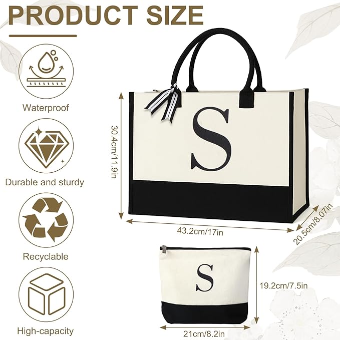 Personalized Canvas Tote Bag for Women Makeup Pouch Initial Beach Bag Removable Bottom Board for Travel Birthday