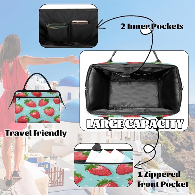 Gym Bag for Women Men, Cute Strawberry Polka Dot Sports Duffel Bags, Waterproof Travel Weekender Overnight Carry On Tote Bags for Travel Sports