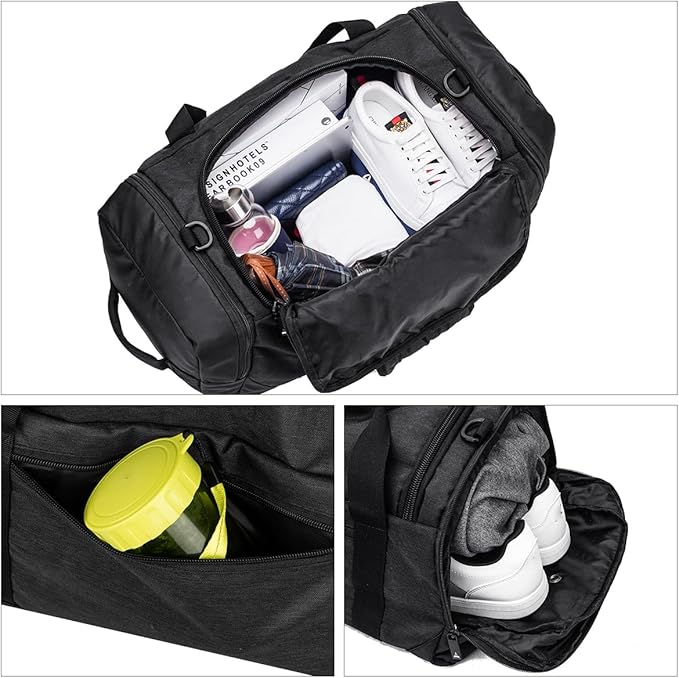 Gym Duffle Bag Backpack Waterproof Sports Duffel Bags Travel Weekender Bag for Men Women Overnight Bag with Shoes Compartment Black-Perfect Fathers Day Gifts for Dad/Men/Husband