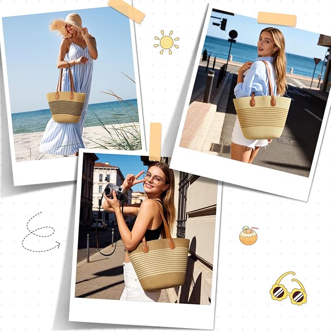 Trifabricy Beach Bags for Women, Summer Straw Beach Bag Straw Purse Shoulder Handbags Large Beach Tote for Summer Vacation