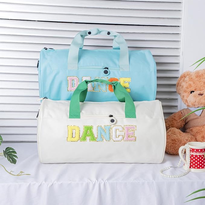 Dance Duffle Bag for Girls Large Size, Lightweight Gymnastic Sports Bag with Chenille Letters, 16.5x9x9 Inch, for Ballet, Cheer, Athletes, Ages 4-10 (Blue)