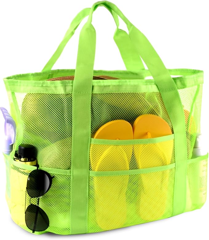 Mesh Beach Bag,Large Beach Bags for Women with 8 Pockets,Packable Tote Bag for Beach Cruise Pool Vacation Essentials