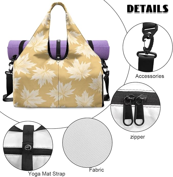 Yellow Gym Bag with Yoga Mat Strap and Shoe Compartment, Portable Lightweight Maple Leaf Gym Bag with Wet Pocket Water Resistant Gym Duffel for Swimming