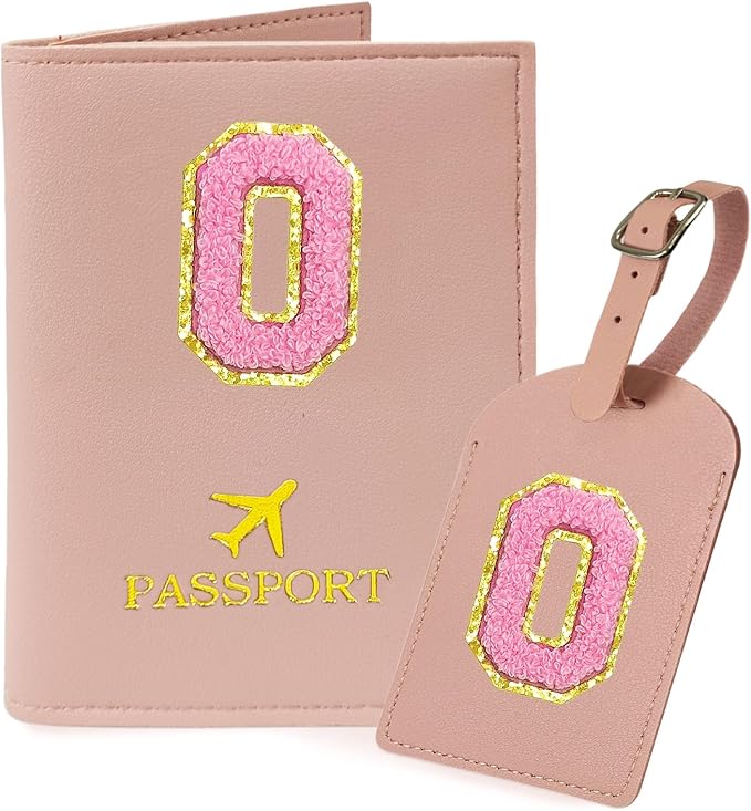 COSHAYSOO Initial Passport Cover Luggage Tag Set Letter Passport Holder Airplane Cruise Travel Essentials Vacation Traveling Accessories Personalized Gifts for Women Teen College Girls Pink O