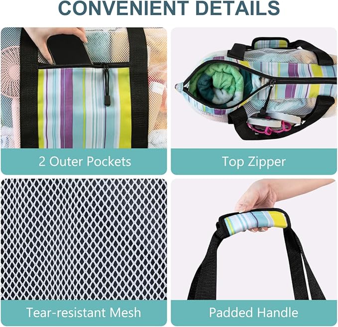 ASL Mesh Beach Bag with Cooler Compartment for Women, 2-in-1 Print Travel Tote 30L with Zipper and Pockets, Pool Picnic