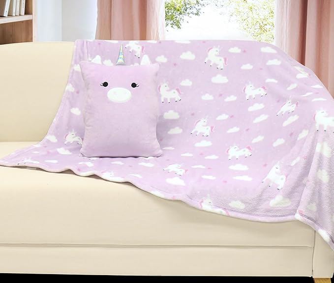 3-in-1 Kids Travel Pillow and Blanket Set, Snuggle Pillow with Hand Warmer, 40x60 inches Unicorn Blanket for Girls Compact, Perfect for Travel, Camping, Home and Office