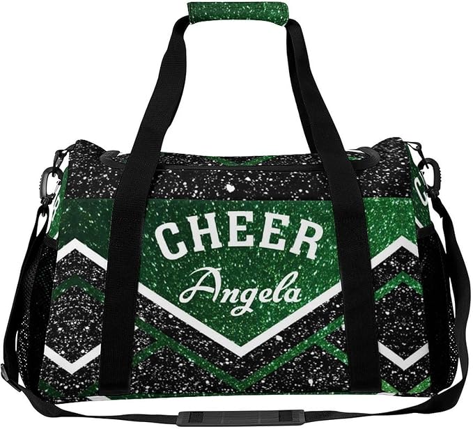 Personalized Green Cheerleader Black Sequin Print Duffle Bag with Name for Women Man Custom Multifunctional Travel Perform Training Bag Luggage Bag